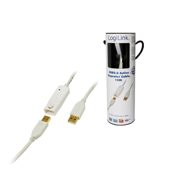 LogiLink USB-kabel USB 2.0 USB-A kontakt, USB-A uttag 12.00 m Vit guldpläterad kontakt, UL-certifierad UA0092