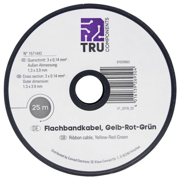TRU COMPONENTS 1571443 Flätad kabel 3 x 0.14 mm² Gul, Röd, Grön 25 m