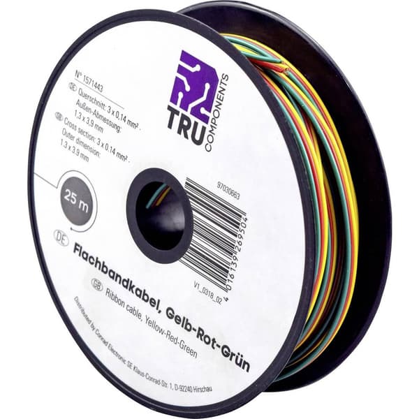 TRU COMPONENTS 1571443 Flätad kabel 3 x 0.14 mm² Gul, Röd, Grön 25 m