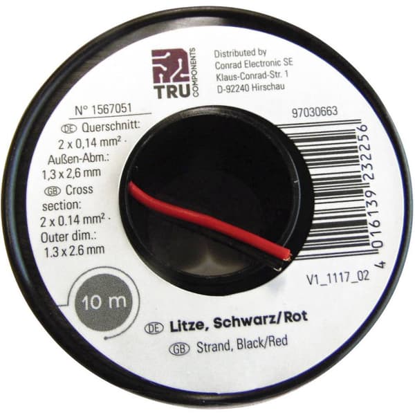 TRU COMPONENTS 1567051 Flätad kabel 2 x 0.14 mm² Svart, Röd 10 m