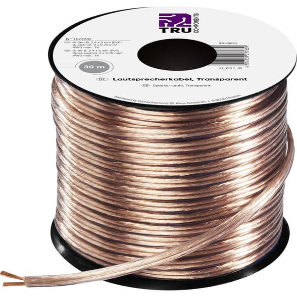 TRU COMPONENTS 1572262 Högtalarkabel 2 x 0.75 mm² Transparent 30 m