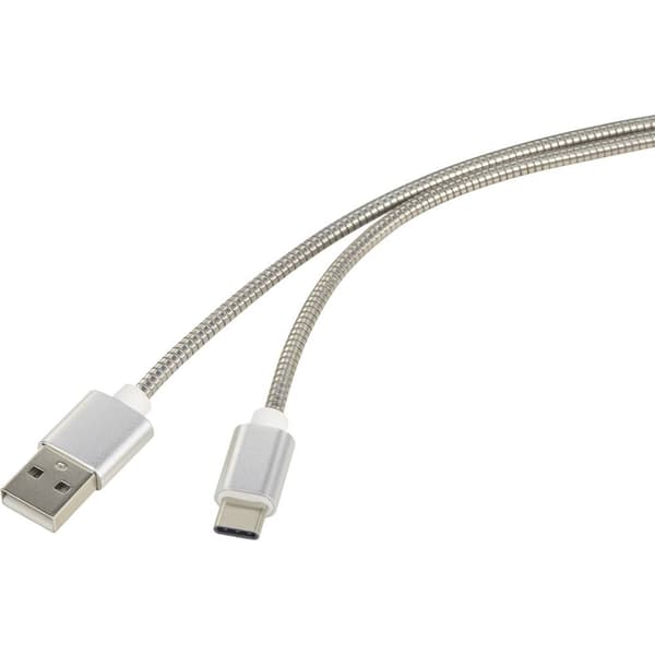 Renkforce USB-kabel USB 2.0 USB-A kontakt, USB-C®-kontakt 1.00 m Silver Kabelmantling av rostfritt stål RF-4888671