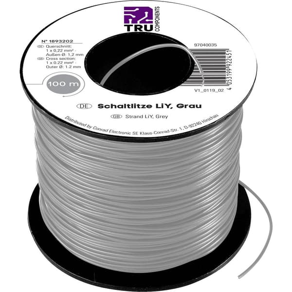 TRU COMPONENTS TC-7572808 Flätad kabel LiY 1 x 0.22 mm² Grå 100 m