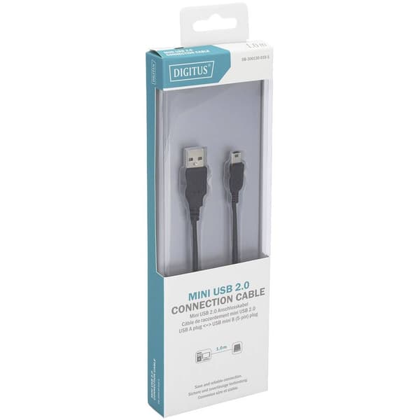 Digitus USB-kabel USB 2.0 USB-A kontakt, USB Mini-B kontakt 1.00 m Svart Rund, dubbelt skärmad DB-300130-010-S