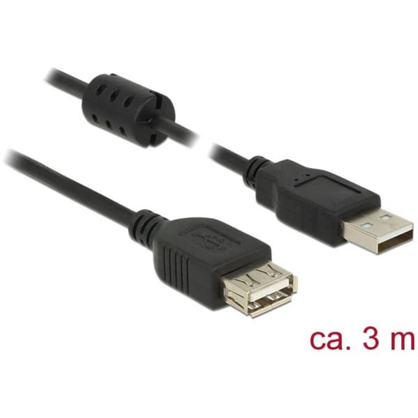 Delock USB-kabel USB 2.0 USB-A kontakt, USB-A uttag 3.00 m Svart med ferritkärna 84886