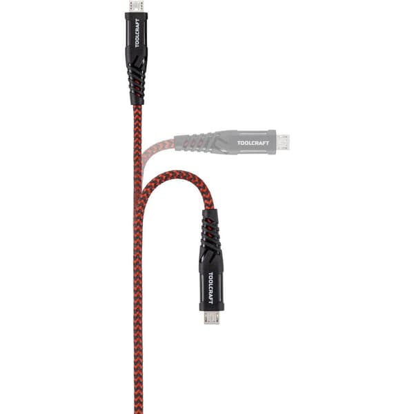 TOOLCRAFT USB-kabel USB 2.0 USB-A kontakt, USB-Micro-B-kontakt 1.00 m Svart/Röd Extremt robust flätad skärmning, Tilläm