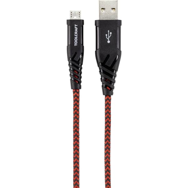 TOOLCRAFT USB-kabel USB 2.0 USB-A kontakt, USB-Micro-B-kontakt 1.00 m Svart/Röd Extremt robust flätad skärmning, Tilläm