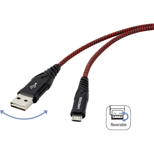 TOOLCRAFT USB-kabel USB 2.0 USB-A kontakt, USB-Micro-B-kontakt 1.00 m Svart/Röd Extremt robust flätad skärmning, Tilläm