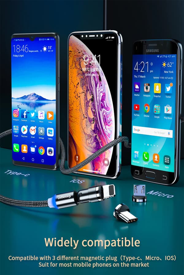 540° Magnetisk laddkabel som passar alla dina enheter 3-i-1 Micro-USB, Typ-C, iPhone
