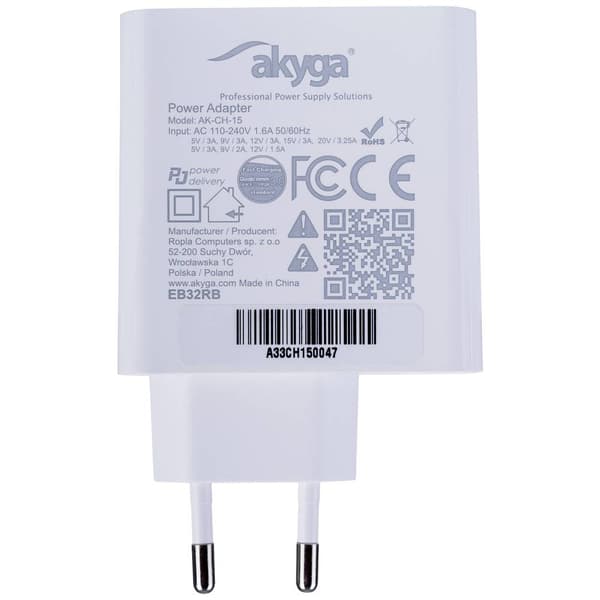 Akyga AK-CH-15 USB-laddare 65 W 1x USB-A, 1x USB-C® Power Delivery Vit