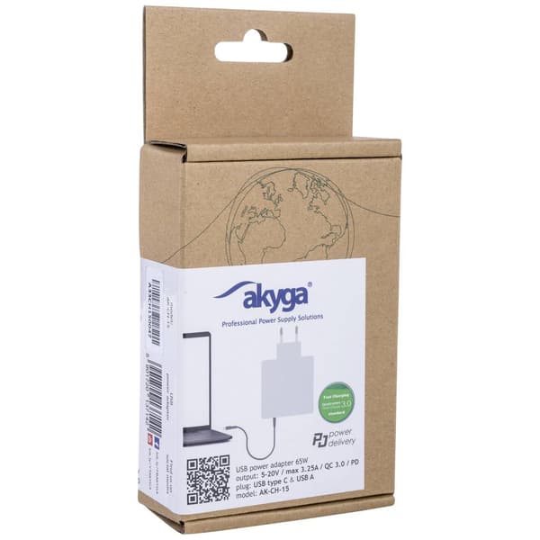 Akyga AK-CH-15 USB-laddare 65 W 1x USB-A, 1x USB-C® Power Delivery Vit