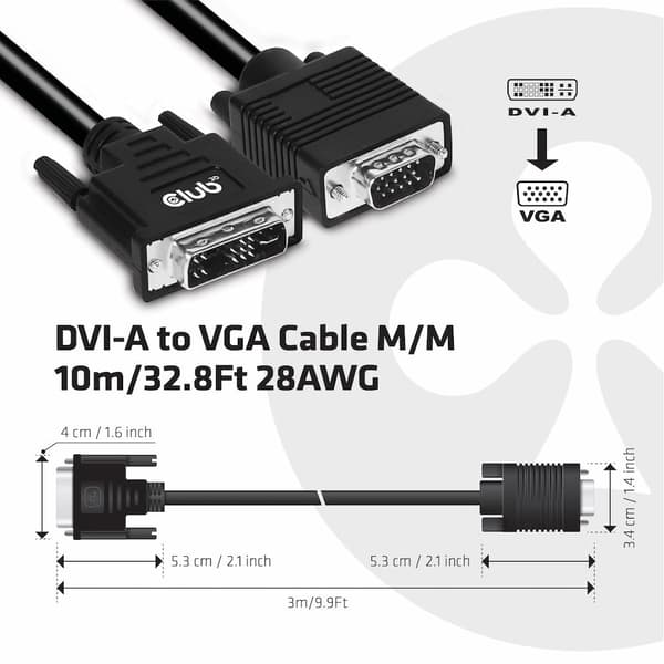 CLUB3D DVI-A-VGA-KAAPELI M/M 3m/9,8ft 28 AWG DVI-D Musta