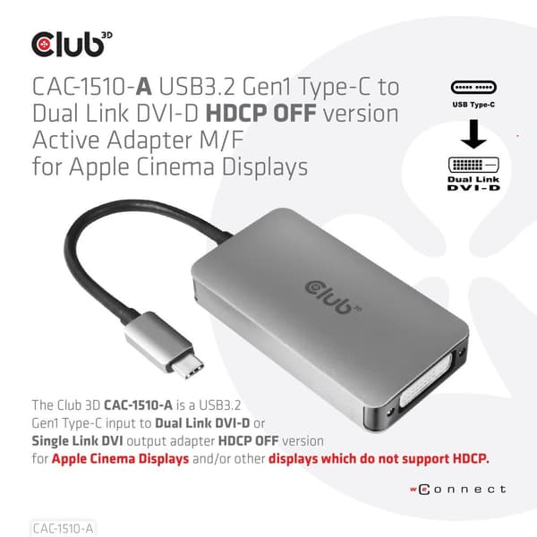 Club 3D - USB/DVI-kabel - dual link - USB-C (M) til DVI-D (W) - USB 3.2 Gen 1 - 24,5 m - tommelfingerklemmer, 4K-understøttelse