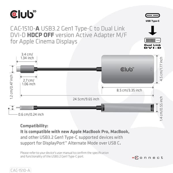 Club 3D - USB/DVI-kabel - dual link - USB-C (M) til DVI-D (W) - USB 3.2 Gen 1 - 24,5 m - tommelfingerklemmer, 4K-understøttelse