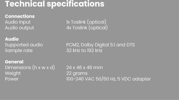 Marmitek Split TS14 digital optisk Toslink audio splitter 1 in - 4 out