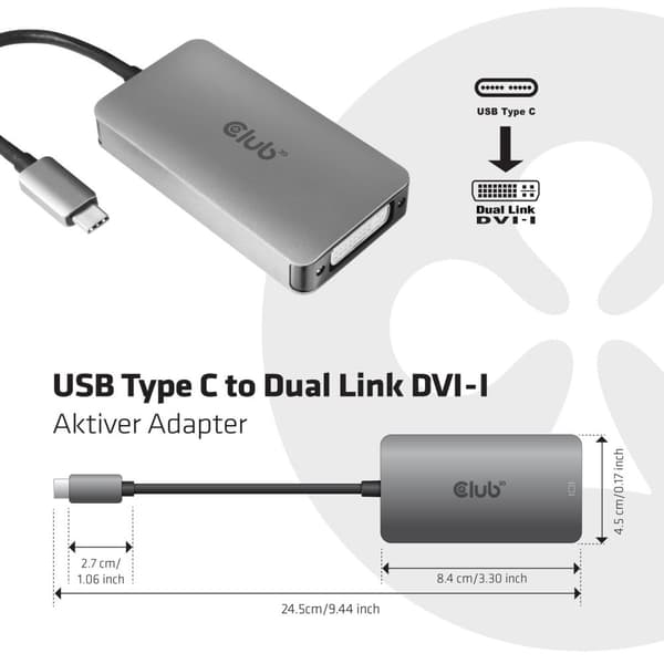 CLUB3D USB3.2 Gen1 Typ-C till Dual Link DVI-D HDCP ON Version Active Adapter M/V