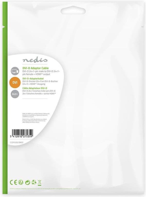 Nedis CCGP32951BK02 Adapterkabel Dvi Dvi-d 24+1 ben han - Dvi-d 24+1 ben hun + HDMI™ udgang 0,2 M sort