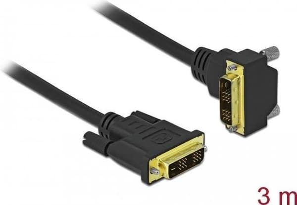 Delock - DVI-kabel - enkeltled - DVI-D (M) vinklet til DVI-D (M) - 3 m - fingerskruer, 1200p-understøttelse - sort