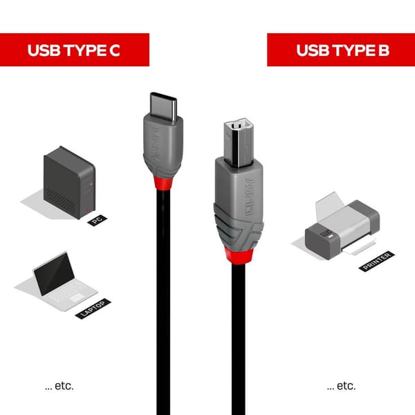 LINDY USB-kabel USB 2.0 USB-C®-kontakt, USB-B kontakt 0.50 m Svart 36940