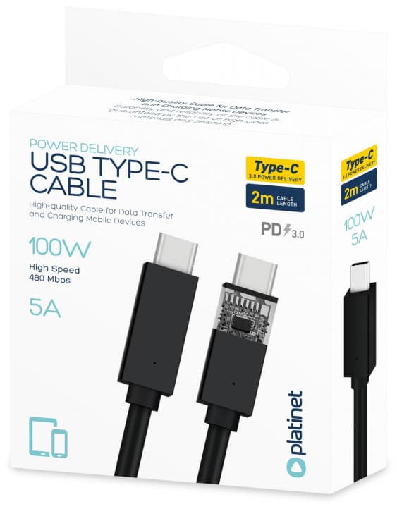 Platinet cable USB-C - USB-C 5A 100W 2m, black (45579)
