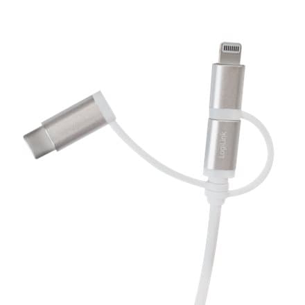 CABLU alimentare si date LOGILINK, telefon, 3 + 1, USB 2.0 (T) la Lightning (T) + Micro-USB 2.0 (T) + USB 2.0 Type-C (T), 1m, argintiu, "CU0126" (timb