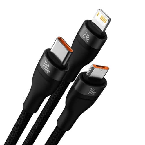 Baseus Universal Flash Series 3-in-1 Fast Charging Data Cable (USB-A to Micro + Lightning + Type-C) 100W, 1.2m Black (CASS030001)