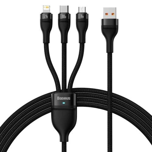 Baseus Universal Flash Series 3-in-1 Fast Charging Data Cable (USB-A to Micro + Lightning + Type-C) 100W, 1.2m Black (CASS030001)