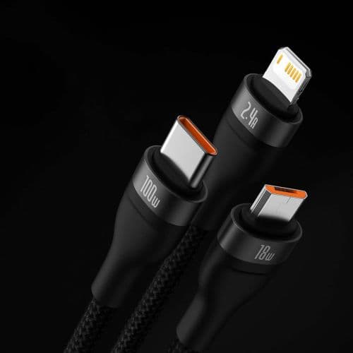 Baseus Universal Flash Series 3-in-1 Fast Charging Data Cable (USB-A to Micro + Lightning + Type-C) 100W, 1.2m Black (CASS030001)