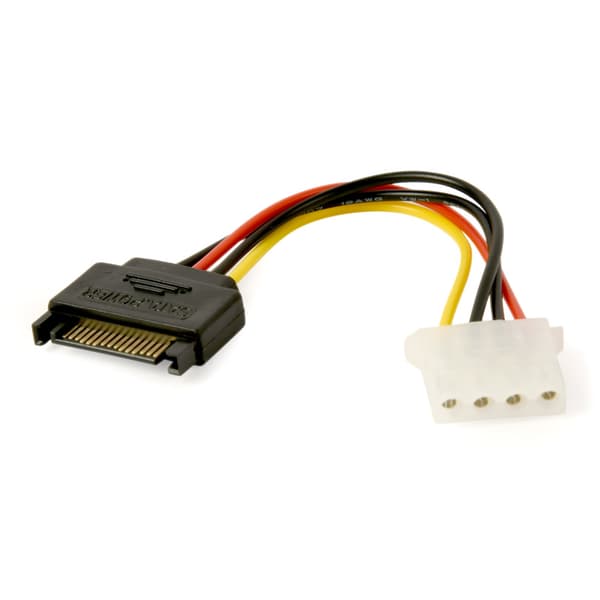 SATA–Molex virtakaapeli 15 cm – 15-pin SATA uros / 4-pin Molex naaras, vanhoille laitteille