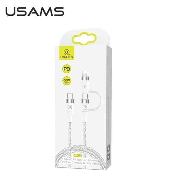 USAMS Punottu kaapeli U31 USB-C - USB-C / Lightning 60 W PD Pikalataus valkoinen/valkoinen SJ403USB02 (US-SJ403)