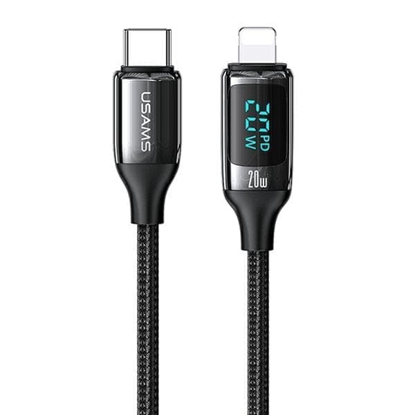 USAMS Punottu kaapeli U78 USB-C Lightning LED 1,2m 20W PD Pikalataus musta/musta SJ545USB01 (US-SJ545)
