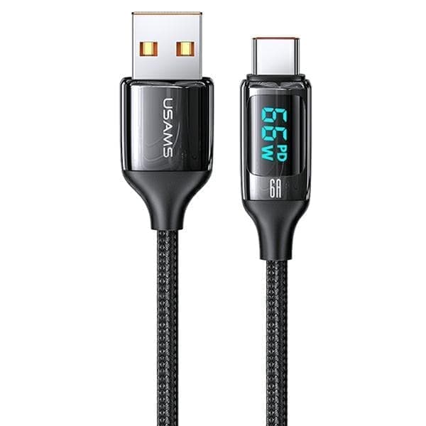 USAMS Punottu kaapeli U78 USB-C 1,2m LED 6A Pikalataus musta/musta SJ544USB01 (US-SJ544)