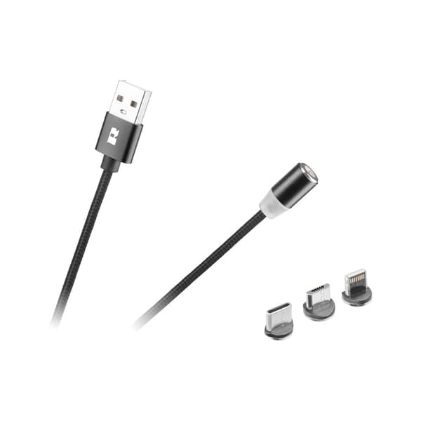 Magnetisk USB-kabel 3-i-1 microUSB, USB Type-C, Lyn 100 cm Sort