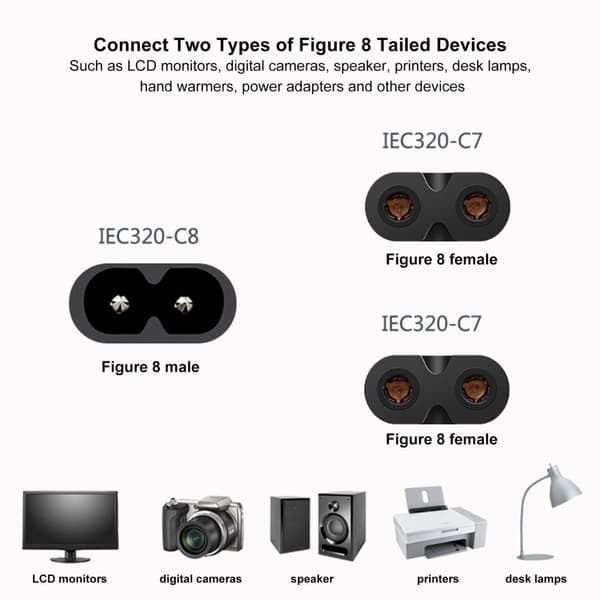 IEC320 C8 till Dual C7 sladd hane till hona 1 in 2 ut växelströmsdelarkabel för LCD-skärm bordslampa 100‑250V