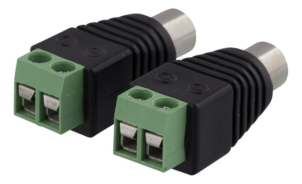 DELTACO 2-pin Terminal block to RCA, 2-Pack, Screw fix, RCA female, bl