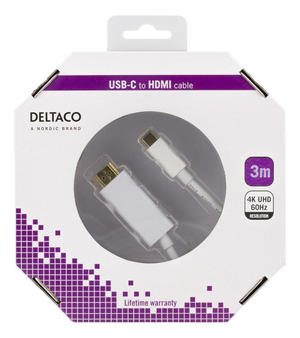 DELTACO USB-C to HDMI cable, 3m, 4K, HDCP 2.2, 3D, white