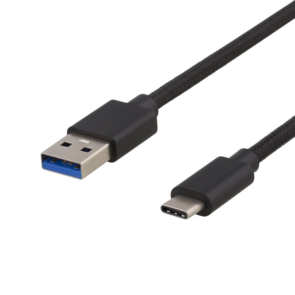 DELTACO PRIME USB 3.1 Gen1 cable, fabric coated, USB-C - A, 1m, black
