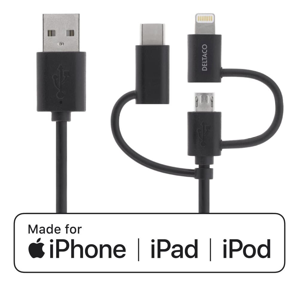 DELTACO Universal Charge and Sync cable, 0,5m, Micro USB, USB-C, Light
