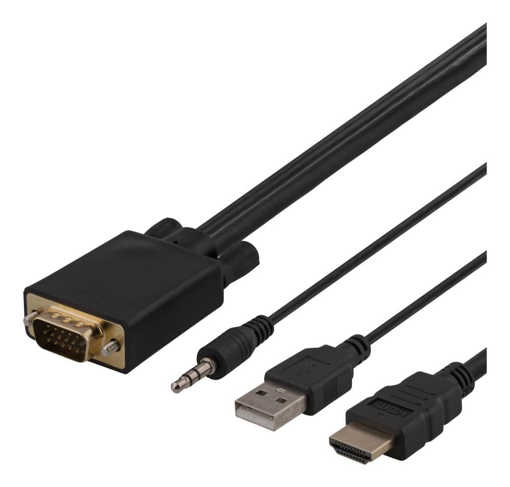 DELTACO VGA to HDMI + Sound cable, 5m, Full HD, USB powered, black