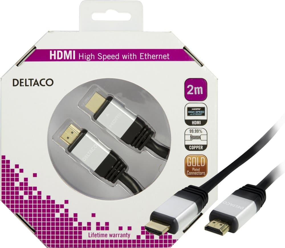 DELTACO HDMI kabel, HDMI High Speed with Ethernet, HDMI Type A han, gu