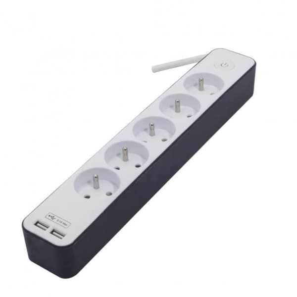 CHACON Power strip 5 uttag 16 A med 2 USB-portar och 1,5 m kabel HO5VV-F 3x1,5 mm² vit och grå