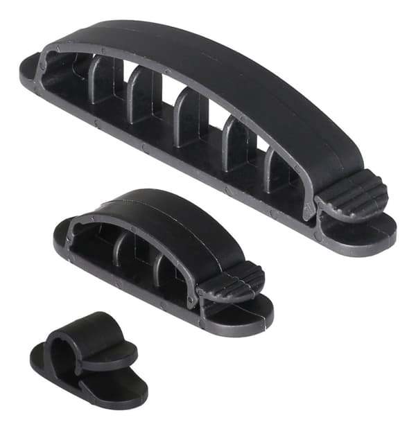 Adhesive cable clamps in plastic, 1/3/6 slots, 10-pack