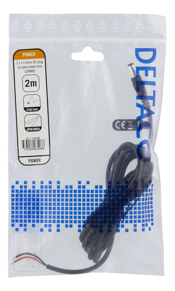 DELTACO 5.5 mm DC til åpen ende, 2 m, 20AWG, svart