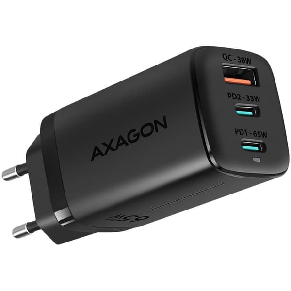 Axagon GaN wallcharger <240V / 3x port (USB + dual USB-C), PD3.0/QC4+/PPS/Apple. 65W total power. Sort