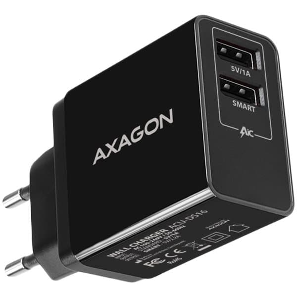 ACU-DS16 Ładowarka sieciowa, SMART 16W, 2x port USB-A, 5V/2.2A + 5V/1A Sort