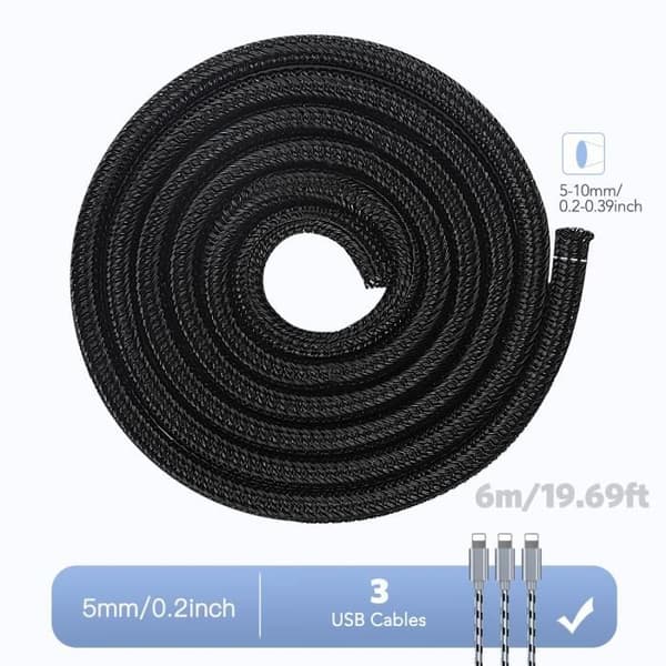 AGPTEK kabelhylsa 6M mjuk justerbar hylsa, kabelförvaltad flätad PET-förvaring, diameter 5-10 mm