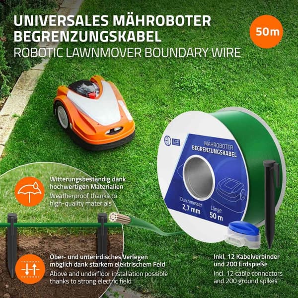 Universal 50 m begränsningskabel för robotgräsklippare + 200 pinnar