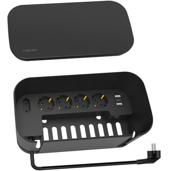 Cable box - Kabelgömma med grenuttag + USB-A/USB-C-laddning Svart