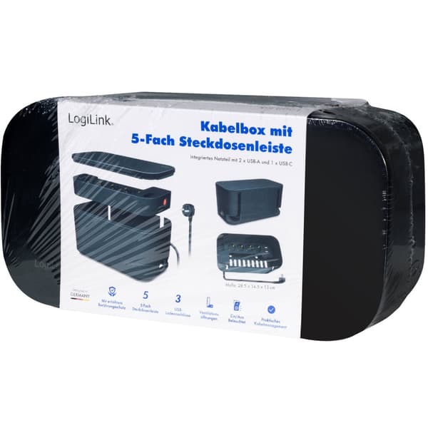 Cable box - Kabelgömma med grenuttag + USB-A/USB-C-laddning Svart