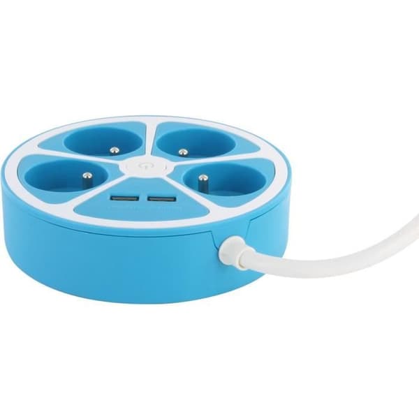 Cirkulär design grenuttag - CHACON - 4X16 A - 1,5 m sladd - Med 2 USB-A + Switch - Blå